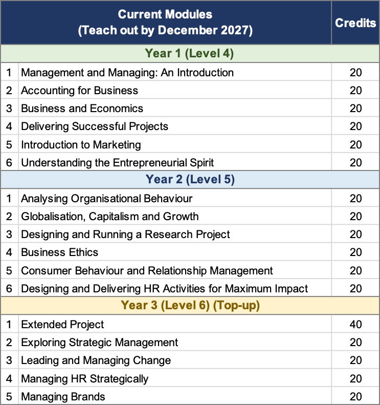 Bachelor of Arts (Hons) Business Management module structure at Hanbridge Institute in partnership with the University of Suffolk, featuring Level 4, Level 5 and Level 6 business modules including marketing, accounting, organisational behaviour, strategic management and branding.