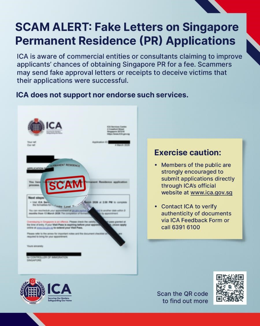 Official ICA Singapore sample of a forged letter and fake signature used in student pass scams targeting international students.