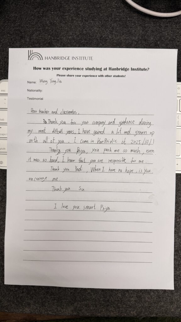 Written thank-you note from an international student offered a place in a Singapore Government School after AEIS training.