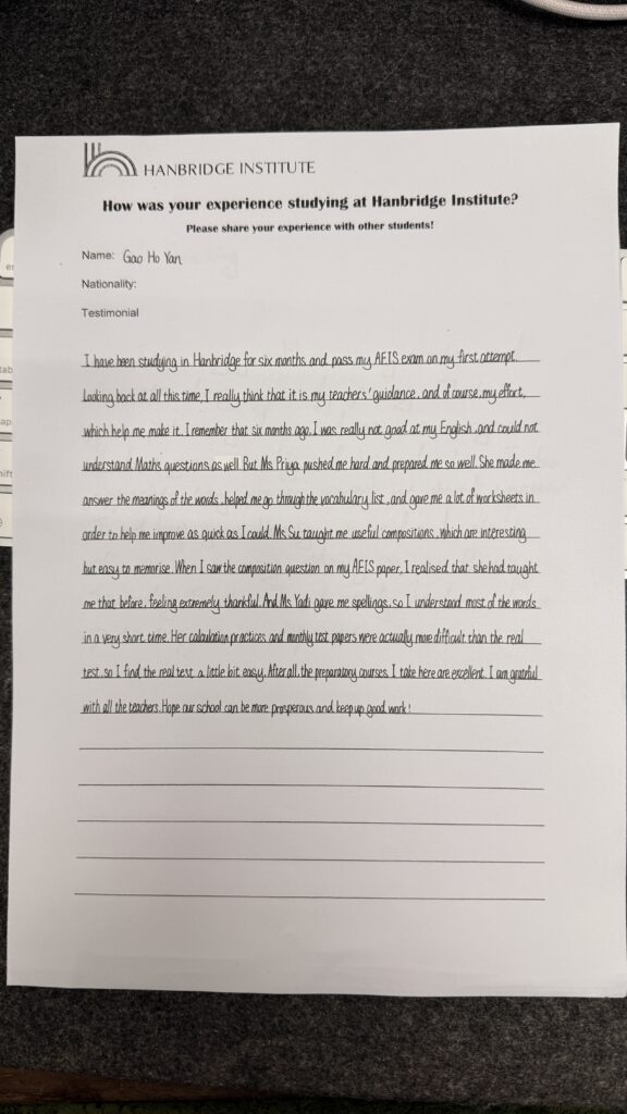 Handwritten testimonial from a successful S-AEIS 2026 student praising Hanbridge Institute’s English preparatory course.