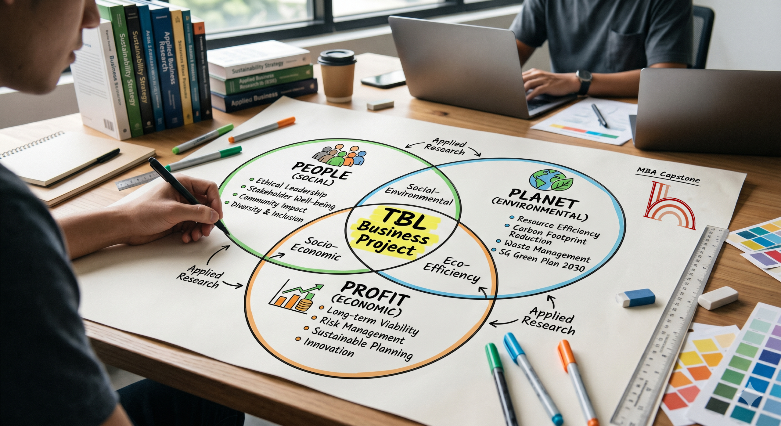 Triple Bottom Line business project MBA framework showing social, environmental and financial impact.