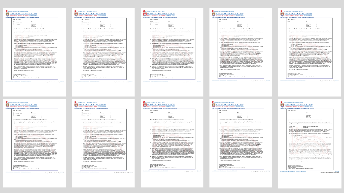 Official S-AEIS 2026 "Offered" status from the MOE Candidates Portal for a Hanbridge Institute student.